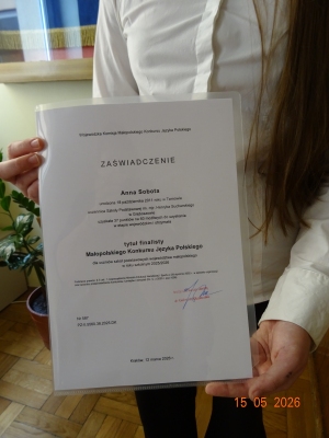 Anna Sobota Finalistką Małopolskiego Konkursu 
Języka Polskiego